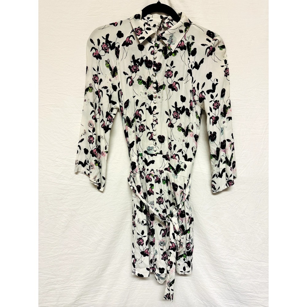 ELEVENSES ANTHROPOLOGY DRESS FLORAL WHITE SIZE XS LONG SLEEVES BELT‎ BUTTONS